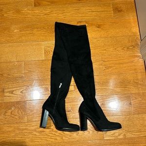 Over the knee black suede heeled boots